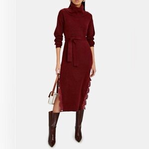 Saylor Gwyneth Burgundy Lace Trimmed Rolled Turtleneck Midi Sweater Dress Small